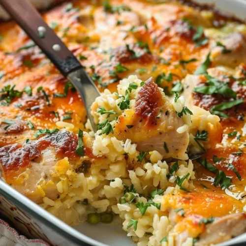 Creamy chicken and rice bake dish served in a white bowl with herbs on top.
