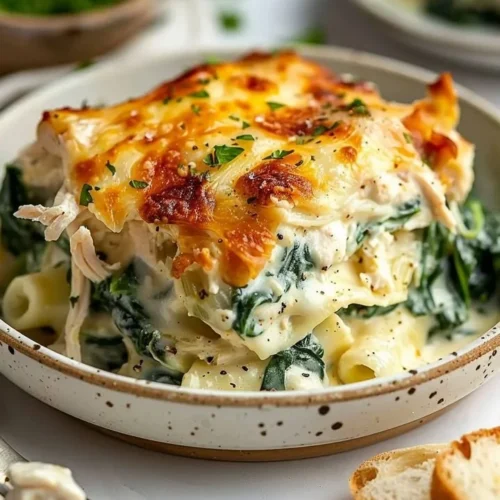 Creamy chicken and spinach casserole served in a baking dish