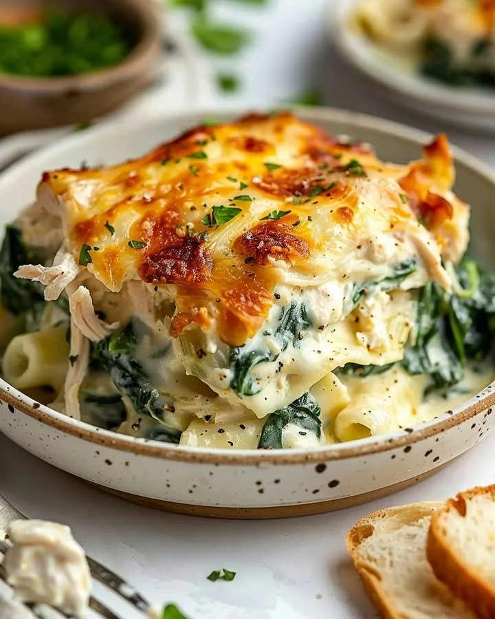 Creamy chicken and spinach casserole served in a baking dish