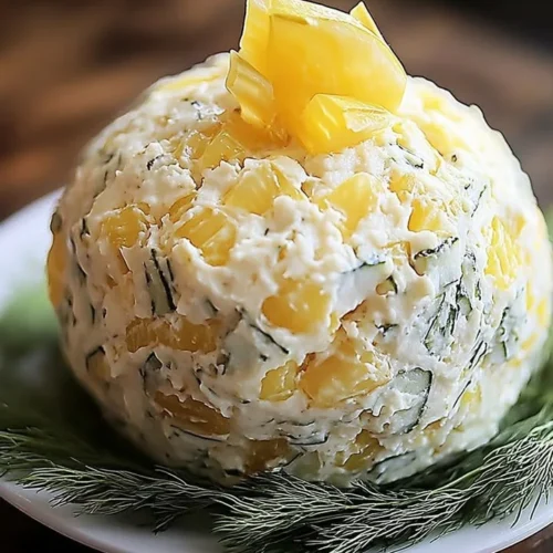 Creamy dill pickle cheese ball ready to serve at a party