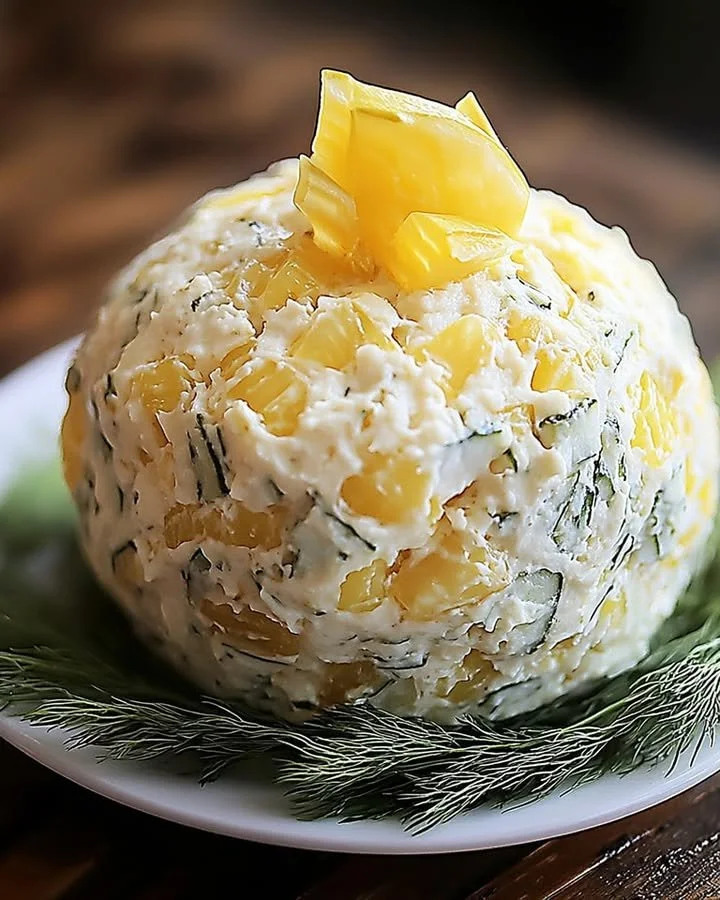 Creamy dill pickle cheese ball ready to serve at a party