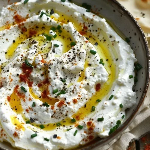 Creamy feta and ricotta dip with spicy honey drizzle served in a bowl