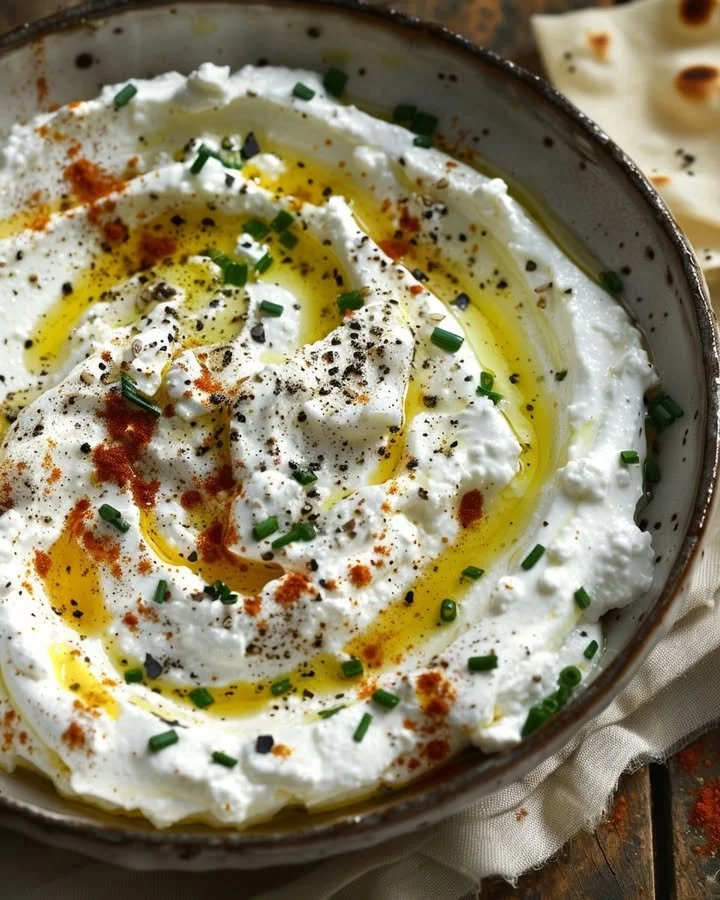 Creamy feta and ricotta dip with spicy honey drizzle served in a bowl