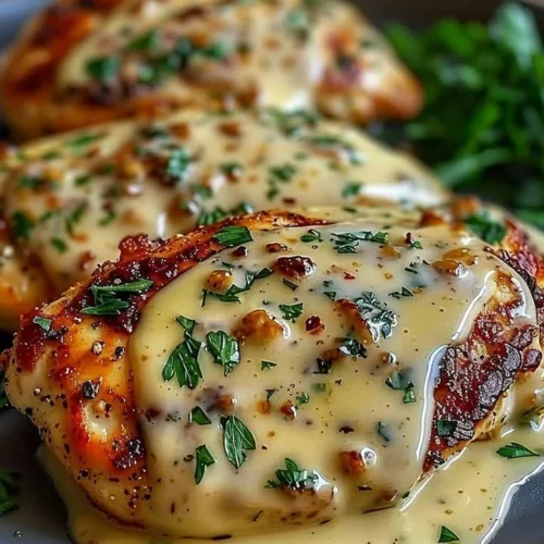 Delicious creamy garlic chicken parmesan served on a plate with herbs.