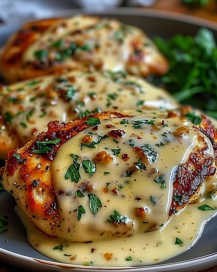 Delicious creamy garlic chicken parmesan served on a plate with herbs.
