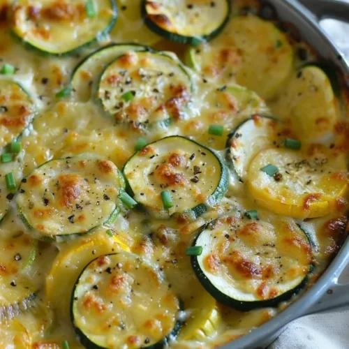 Creamy Gouda and veggie bake topped with fresh herbs in a baking dish