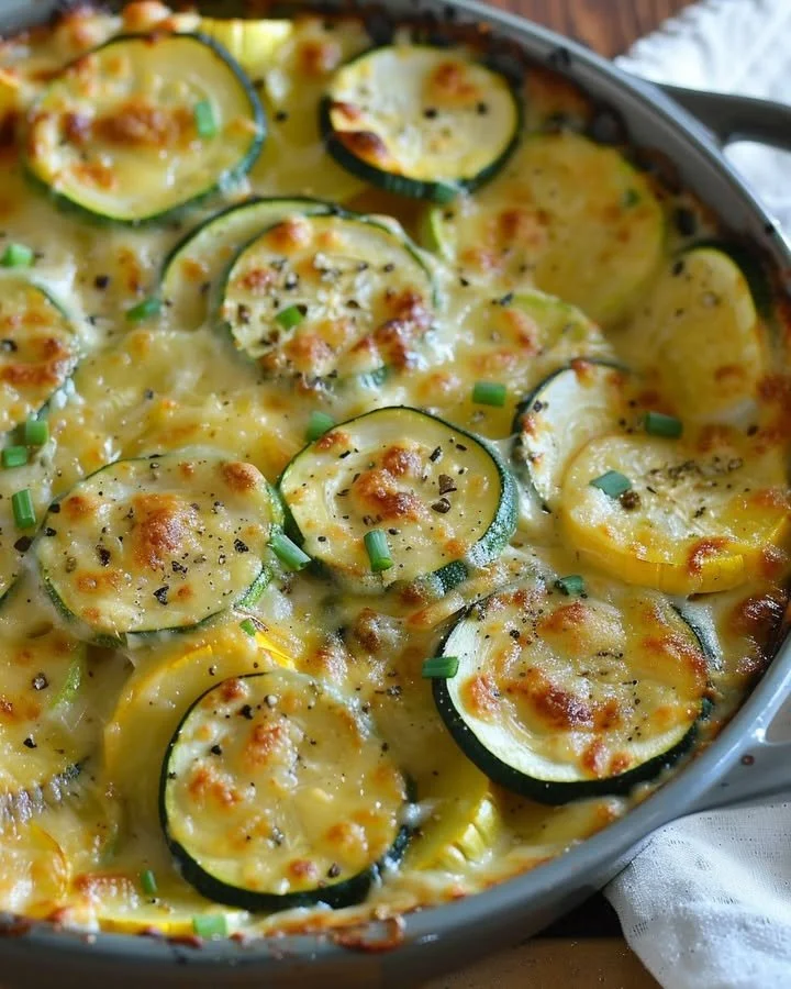 Creamy Gouda and veggie bake topped with fresh herbs in a baking dish