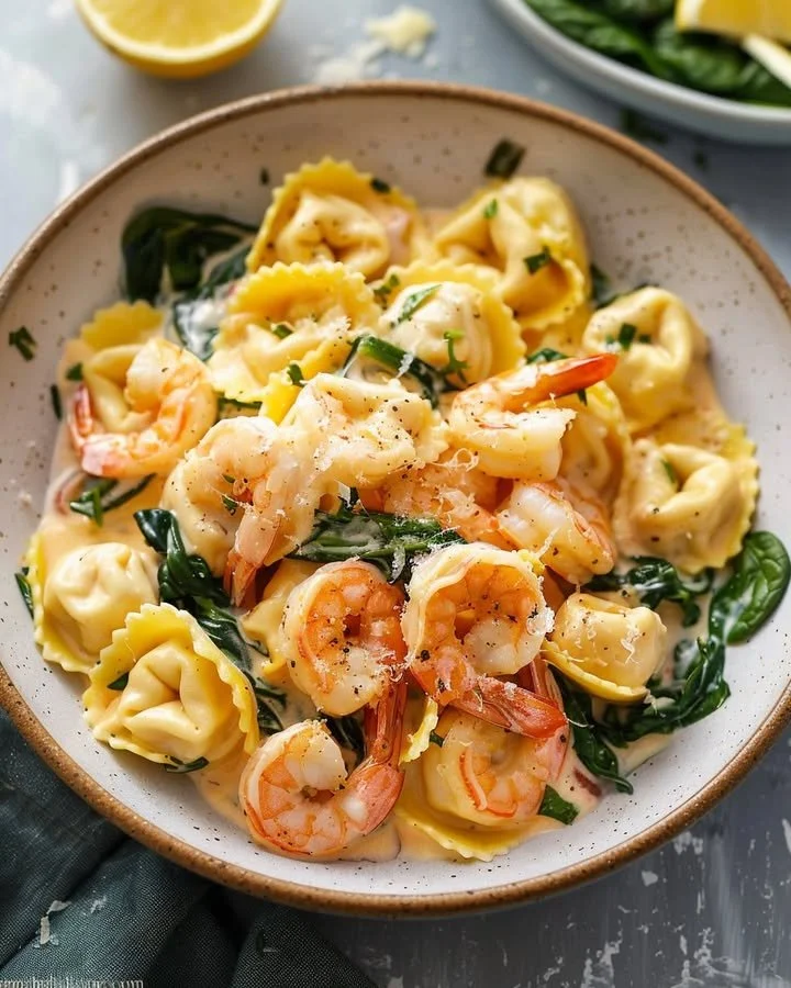 Creamy lemon shrimp tortellini served in a bowl garnished with herbs