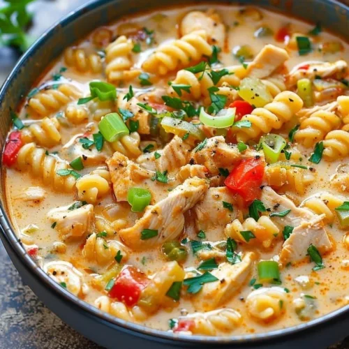 Bowl of creamy Parmesan Cajun Chicken Pasta Soup topped with herbs.