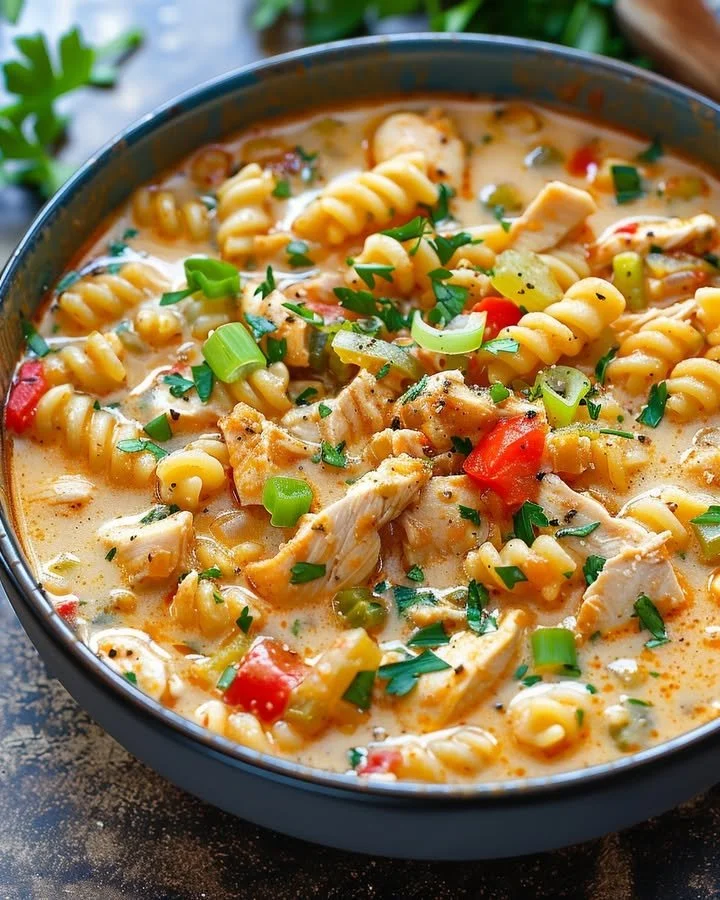 Bowl of creamy Parmesan Cajun Chicken Pasta Soup topped with herbs.