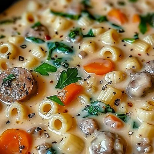 Creamy Parmesan sausage soup with ditalini pasta in a bowl