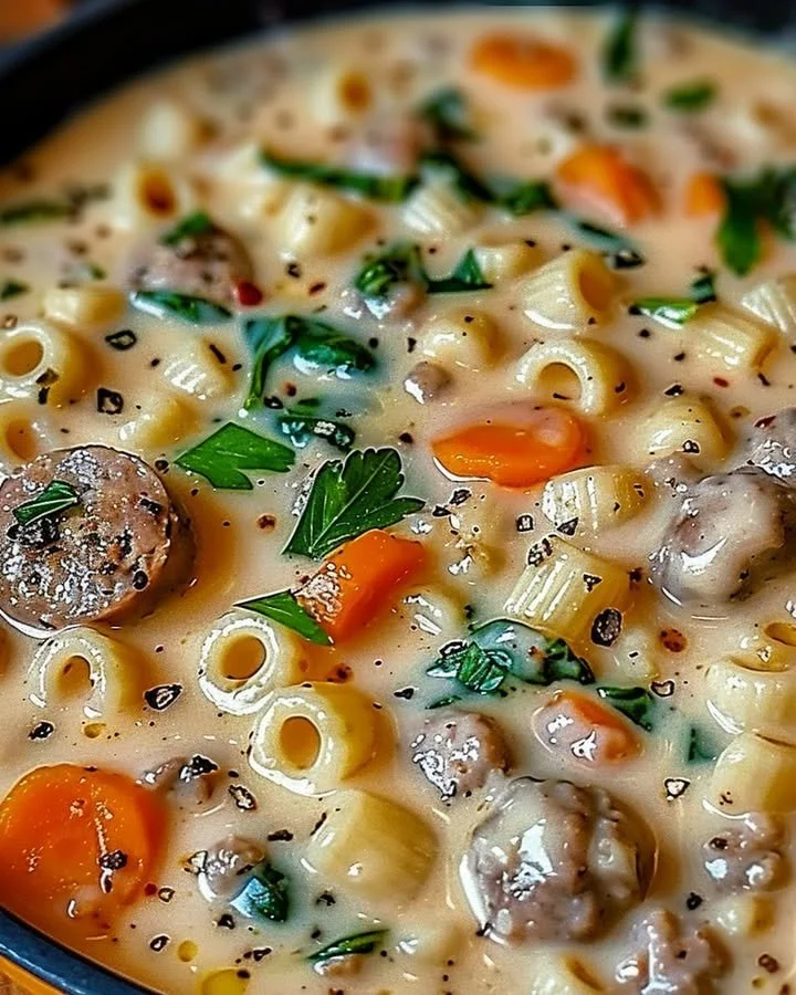 Creamy Parmesan sausage soup with ditalini pasta in a bowl