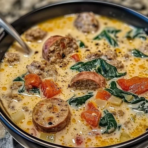 Bowl of creamy Parmesan Italian sausage soup garnished with herbs