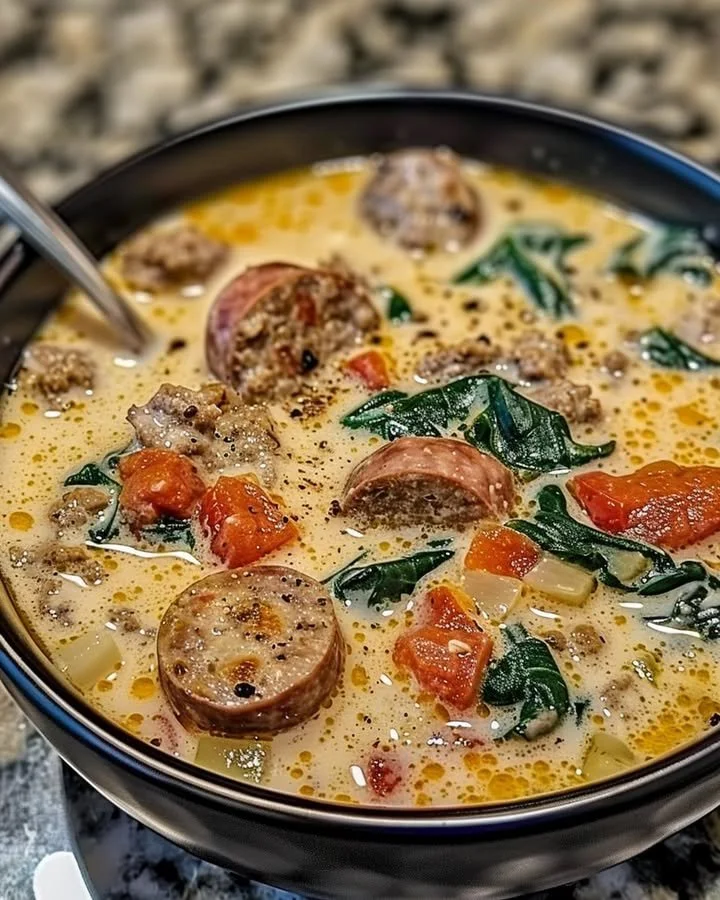 Bowl of creamy Parmesan Italian sausage soup garnished with herbs