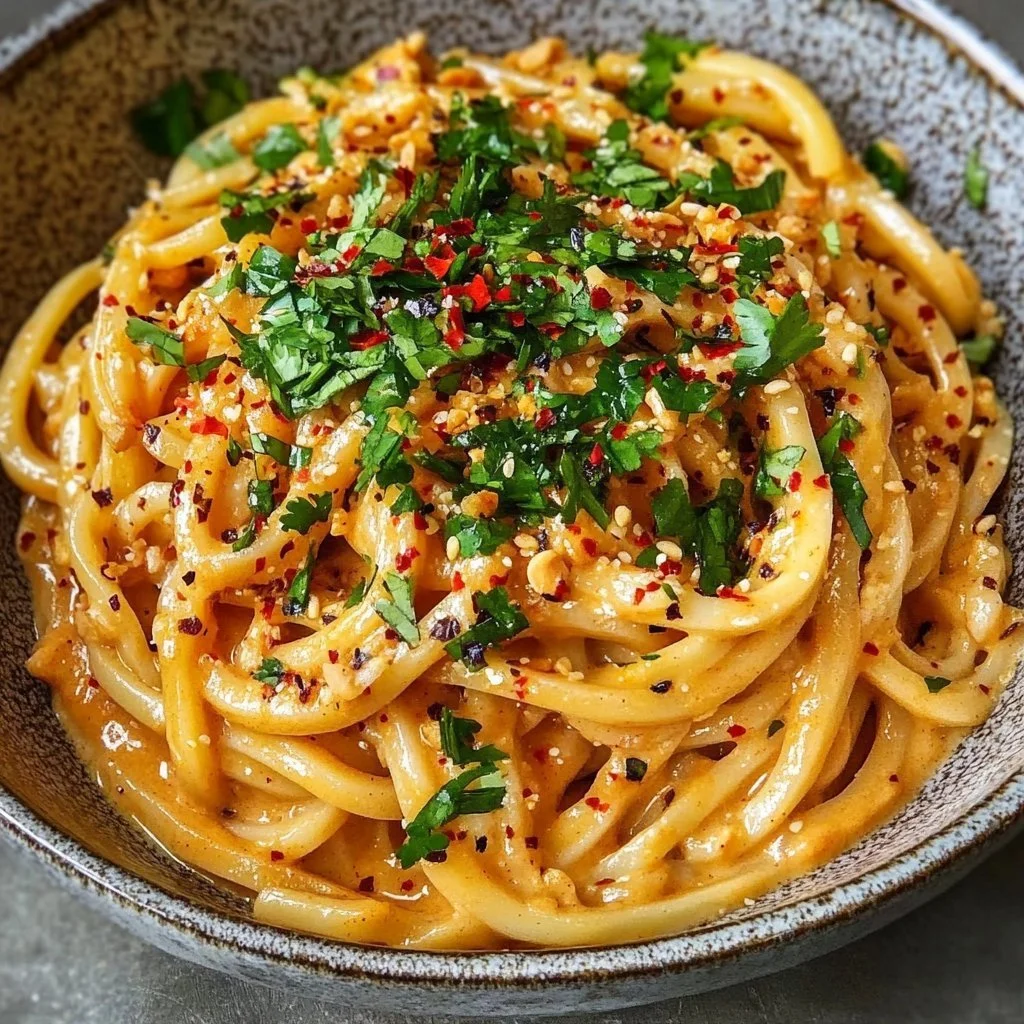 Bowl of creamy peanut udon noodles topped with vegetables and peanuts