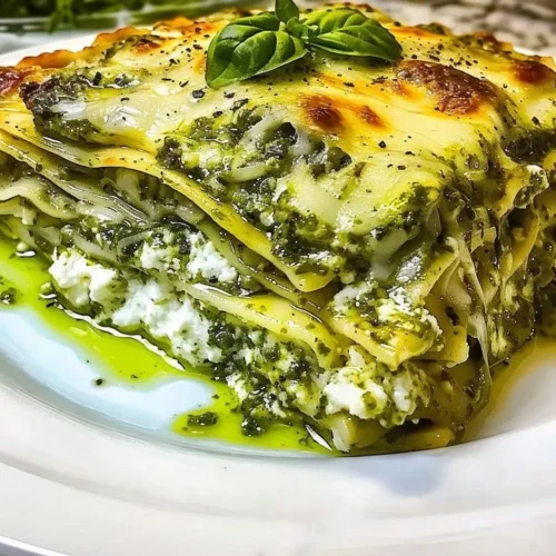 Creamy pesto and ricotta lasagna served on a plate with herbs and a sprinkle of cheese