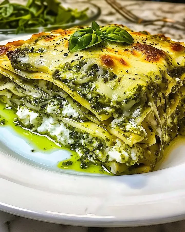 Creamy pesto and ricotta lasagna served on a plate with herbs and a sprinkle of cheese