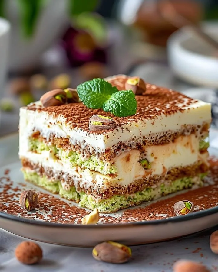 Creamy pistachio tiramisu with a nutty twist served in a dessert dish