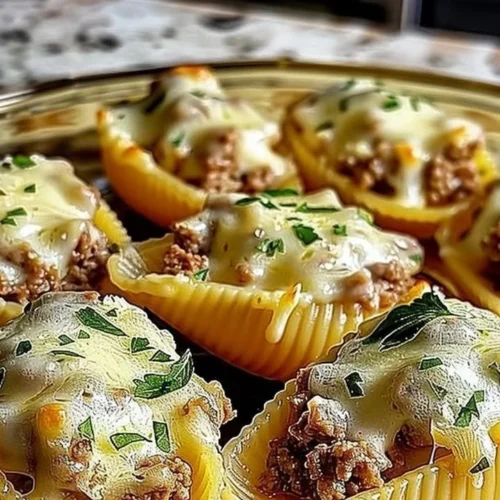 Creamy ricotta beef stuffed shells pasta topped with marinara sauce