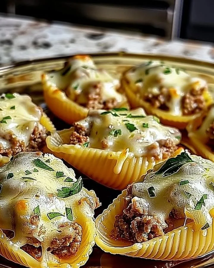 Creamy ricotta beef stuffed shells pasta topped with marinara sauce