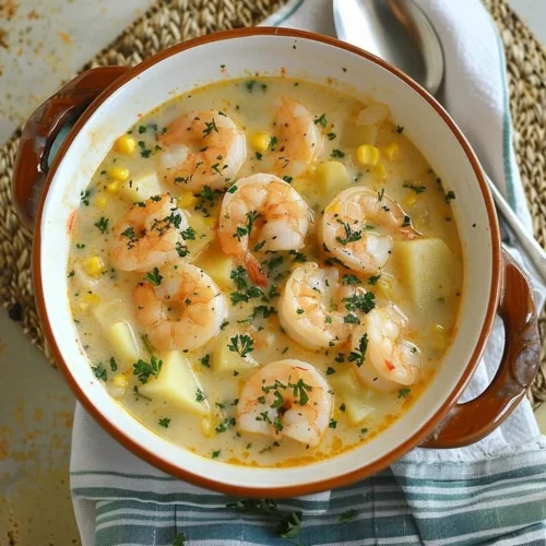 Bowl of creamy shrimp and potato chowder garnished with herbs.