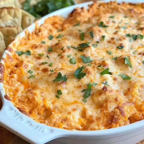 Delicious creamy spicy Buffalo Chicken Dip served in a bowl