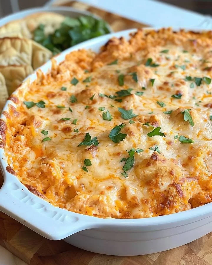 Delicious creamy spicy Buffalo Chicken Dip served in a bowl