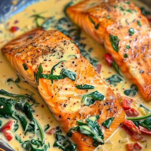 Creamy Spinach and Red Pepper Salmon garnished with Parmesan cheese