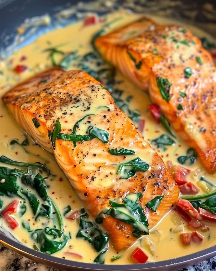 Creamy Spinach and Red Pepper Salmon garnished with Parmesan cheese