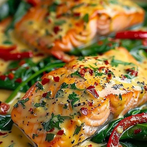 Creamy spinach and roasted red pepper salmon served on a plate