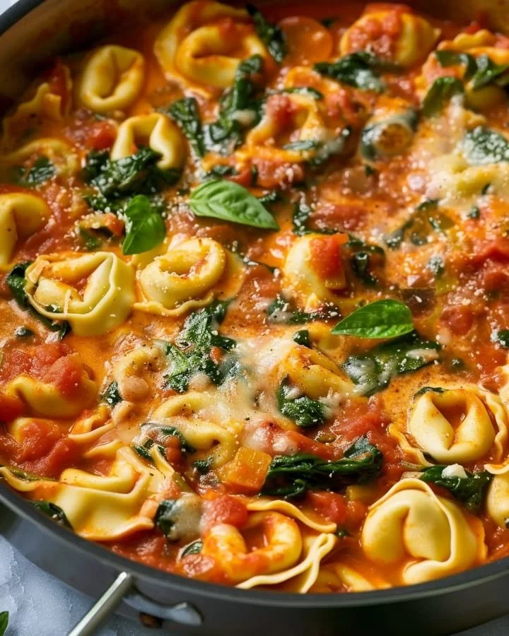 Creamy tomato basil tortellini skillet served in a white bowl with fresh herbs