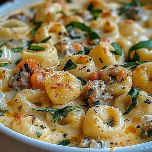 Creamy tortellini alfredo casserole topped with cheese and herbs