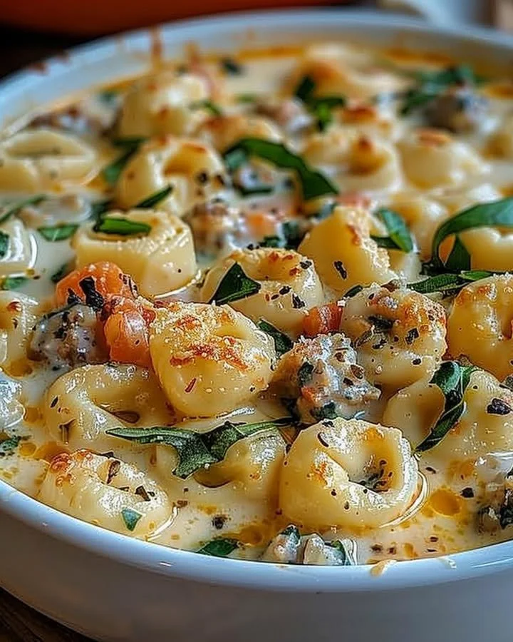 Creamy tortellini alfredo casserole topped with cheese and herbs