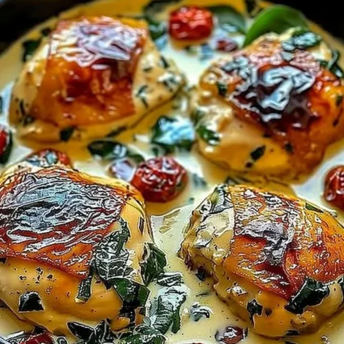 Creamy Tuscan chicken thighs served in a one pan recipe.
