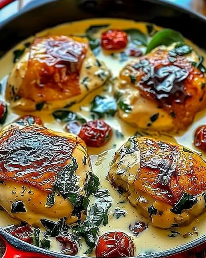 Creamy Tuscan chicken thighs served in a one pan recipe.