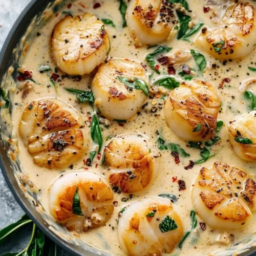Creamy Tuscan garlic scallops served in a rich sauce with herbs