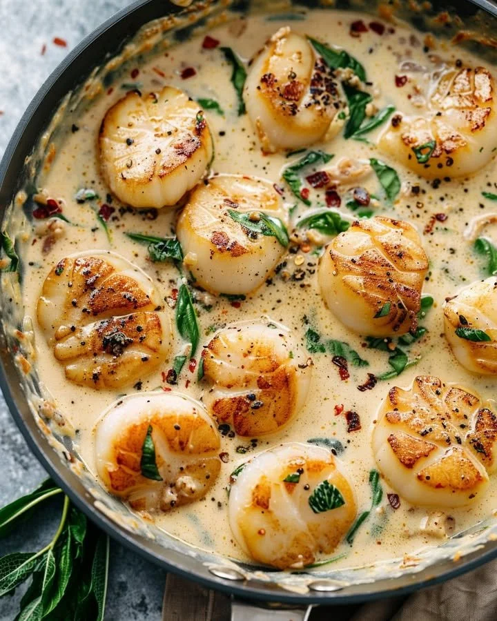 Creamy Tuscan garlic scallops served in a rich sauce with herbs