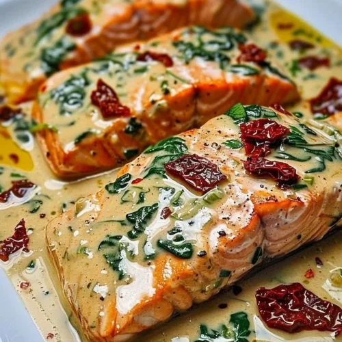 Creamy Tuscan Salmon dish with herbs and creamy sauce on a plate