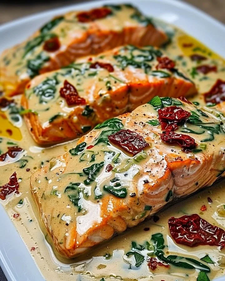 Creamy Tuscan Salmon dish with herbs and creamy sauce on a plate