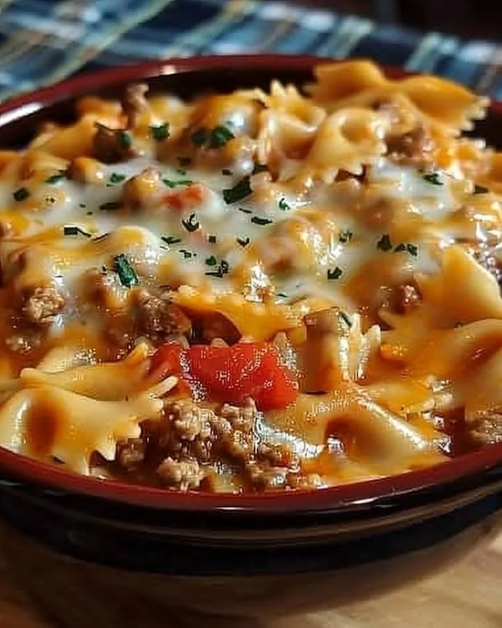 Creamy Velveeta and ground beef bowtie pasta served in a bowl