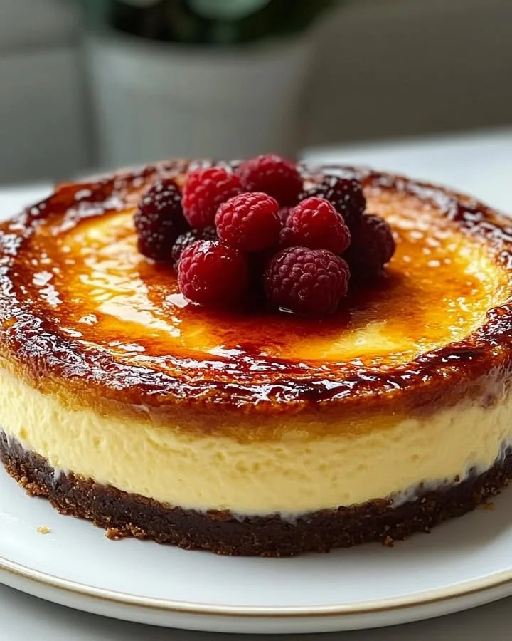 Delicious Crème Brûlée Cheesecake with caramelized sugar topping