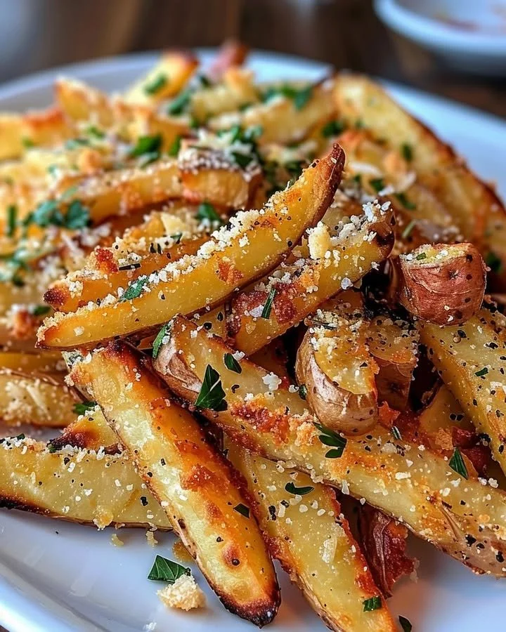 Crispy baked parmesan garlic fries served in a bowl