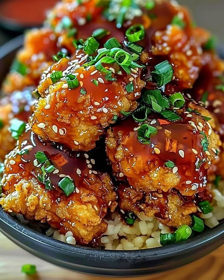 Crispy Bang Bang Chicken served with spicy dipping sauce and garnished