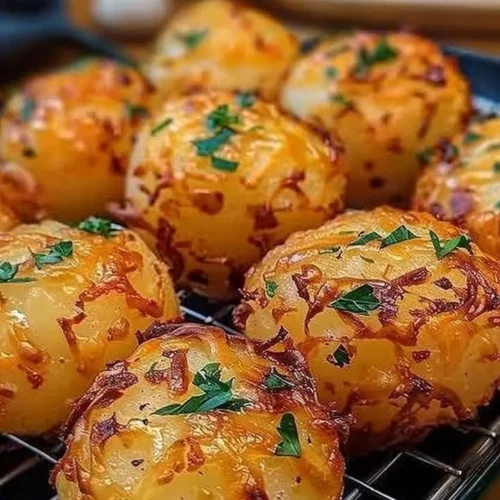 Crispy cheesy garlic butter potato bombs served on a platter