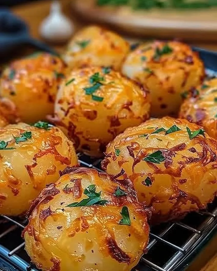 Crispy cheesy garlic butter potato bombs served on a platter