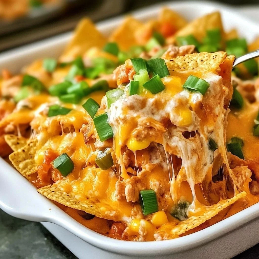 Crispy Chicken Nacho Bake topped with cheese and jalapeños served in a dish