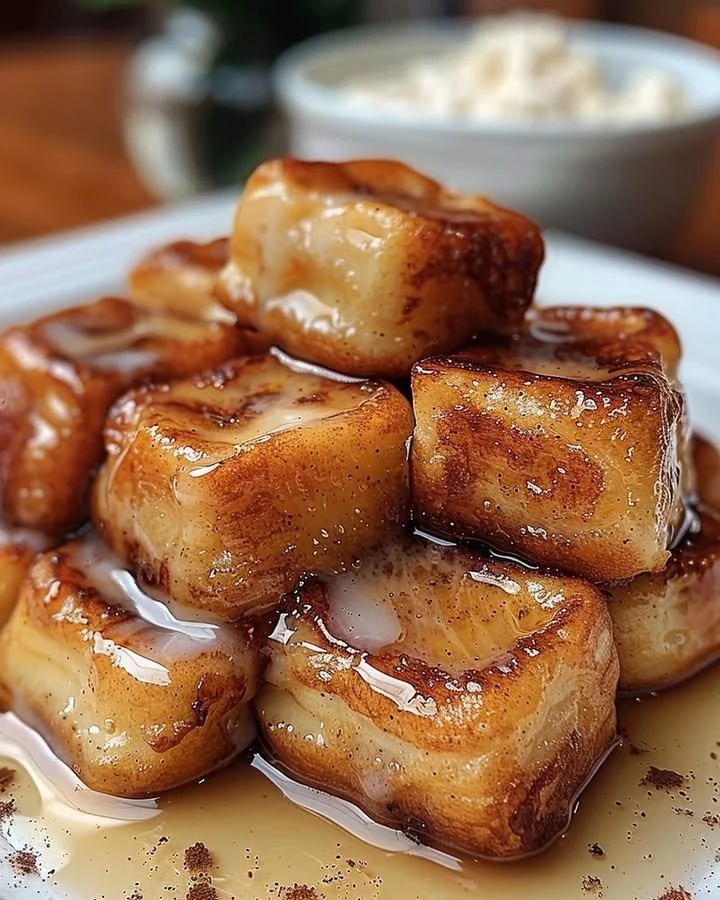 Crispy cinnamon roll French toast bites with sweet maple glaze