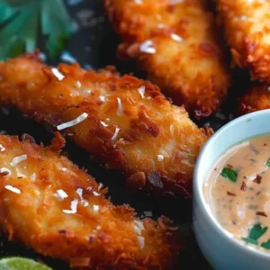Plate of Crispy Coconut Chicken Tenders garnished with herbs