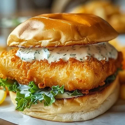 Crispy fried cod sandwich with lettuce and tartar sauce on a soft bun