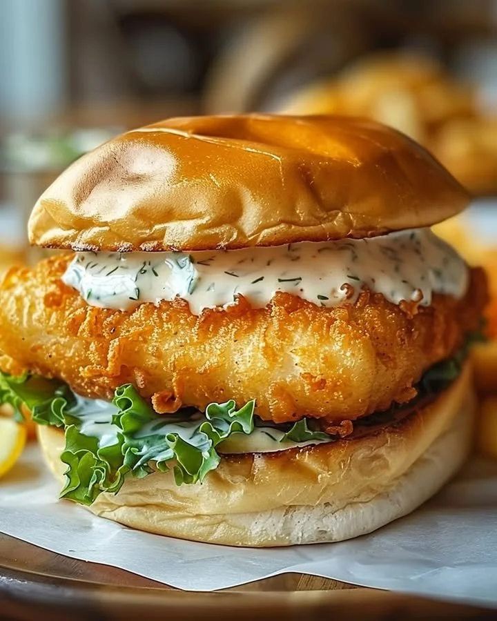 Crispy fried cod sandwich with lettuce and tartar sauce on a soft bun